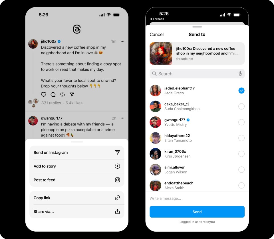 2 phone screens showing sharing a thread to Instagram
