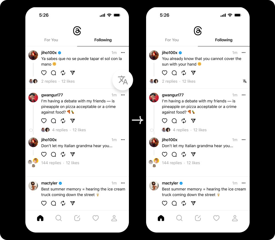 2 phone screens showing automatic translations on Threads 