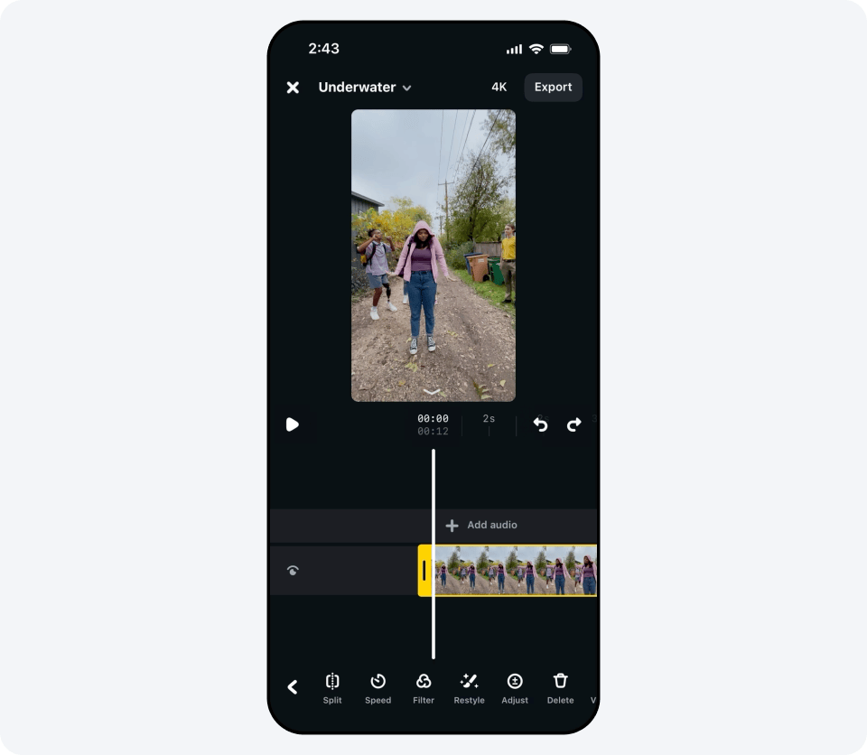 GIF showing how to edit video using AI video editing tool in the Edits app